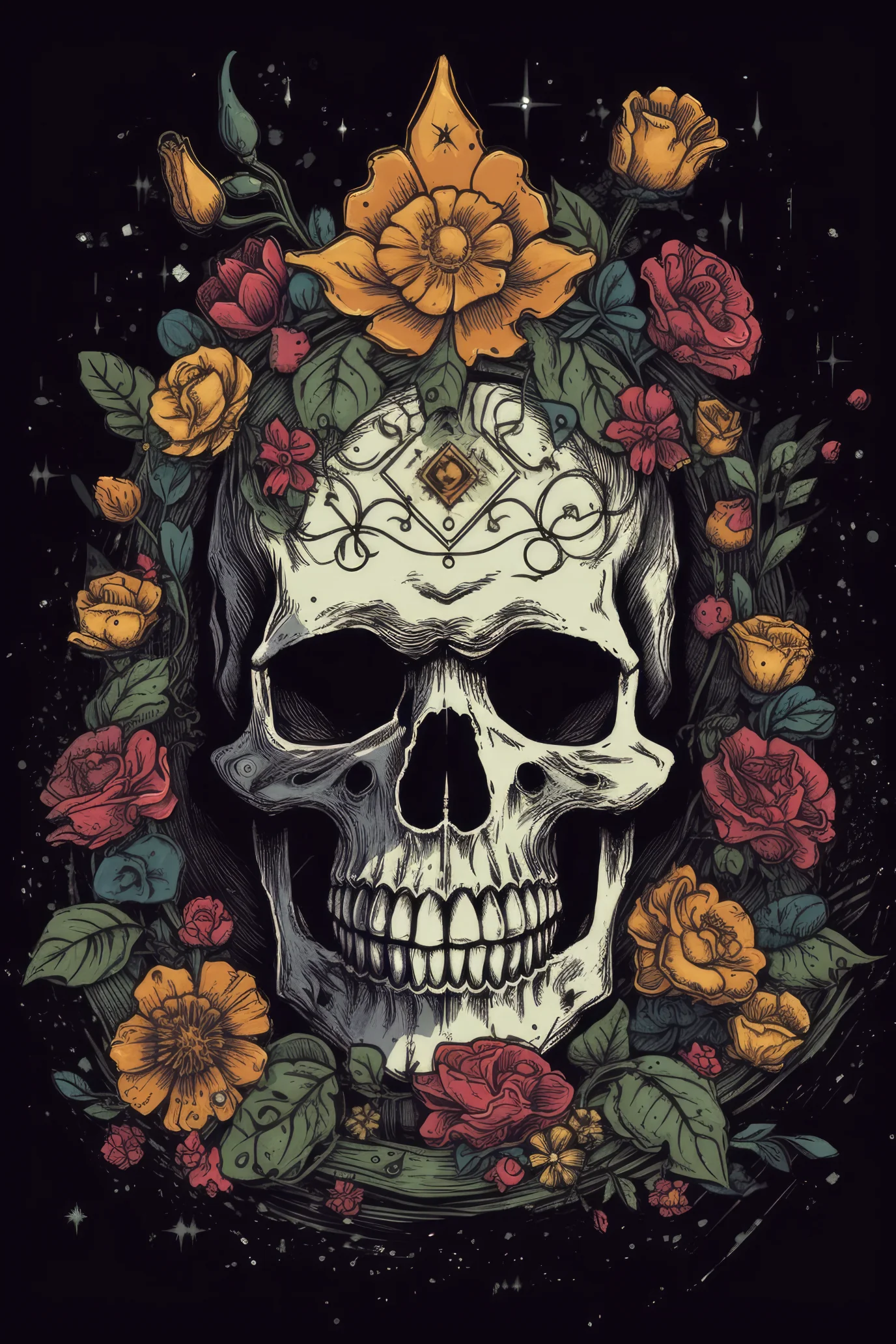 Cartoon Floral crown skull Tshirt design 2 (Paitakuva)
