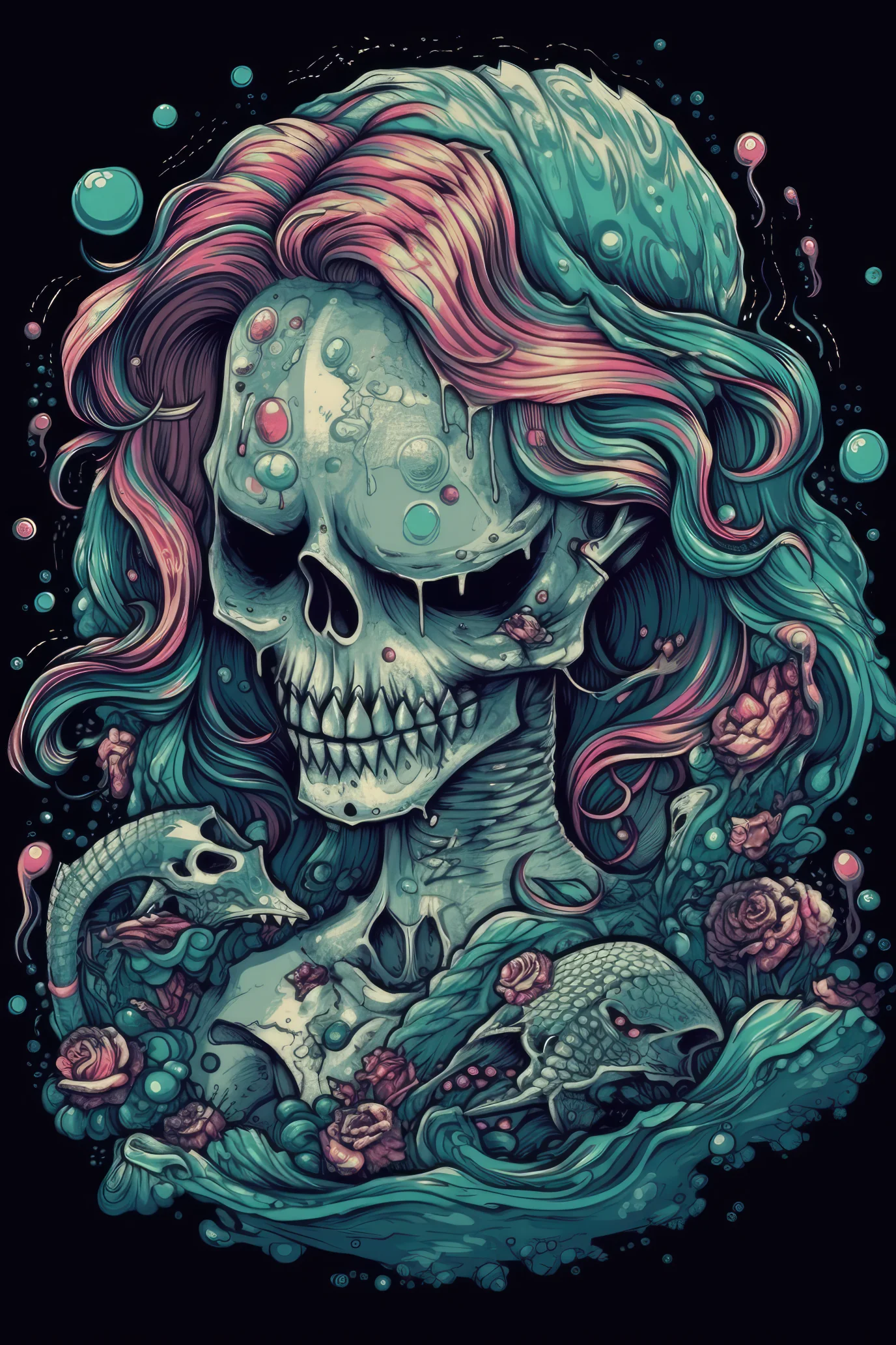 Cartoon Mermaid skull Tshirt design 3 (Paitakuva)