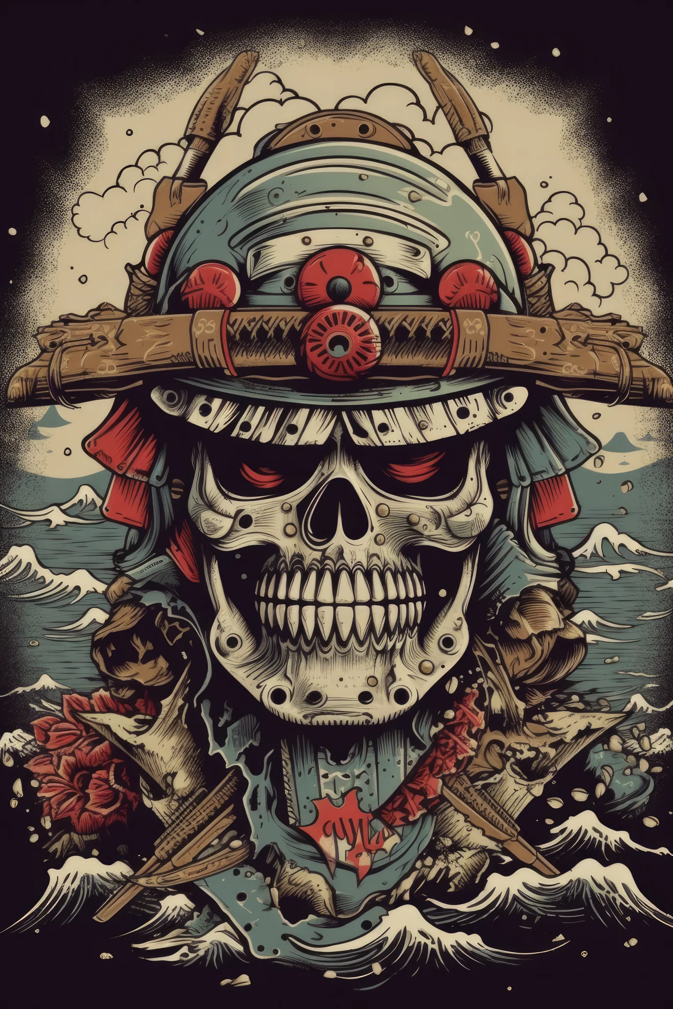 Cartoon Samurai helmet skull (3262)