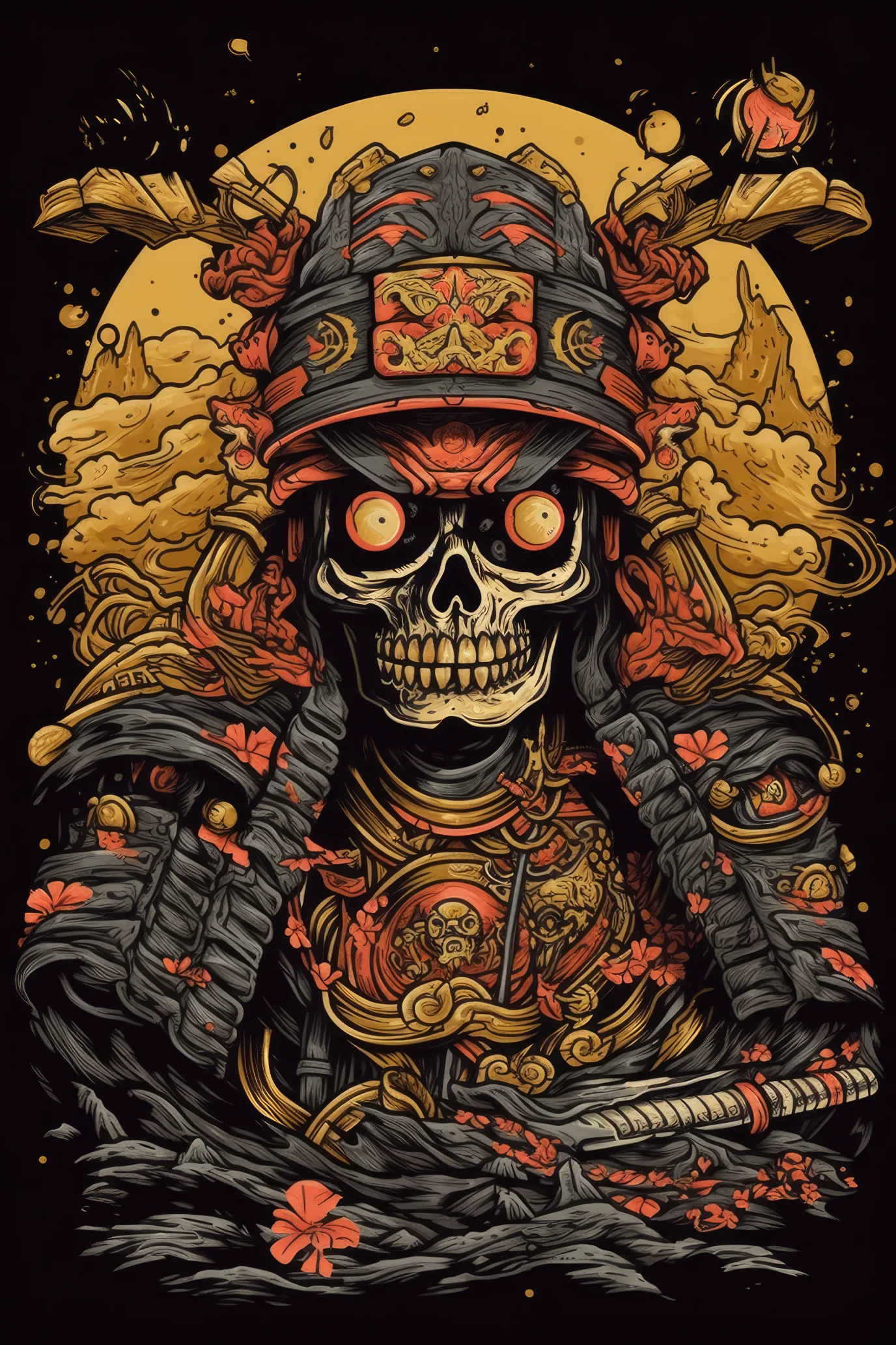 Cartoon Samurai skull Tshirt design (Paitakuva)