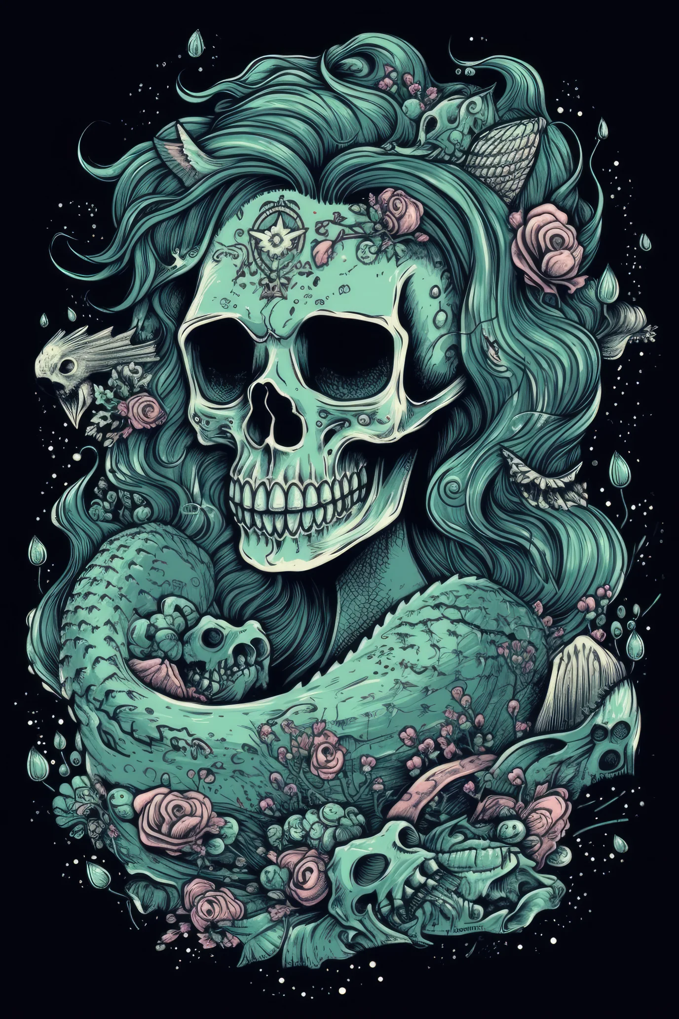 Cartoon Mermaid skull Tshirt design 1 (Paitakuva) (3102)
