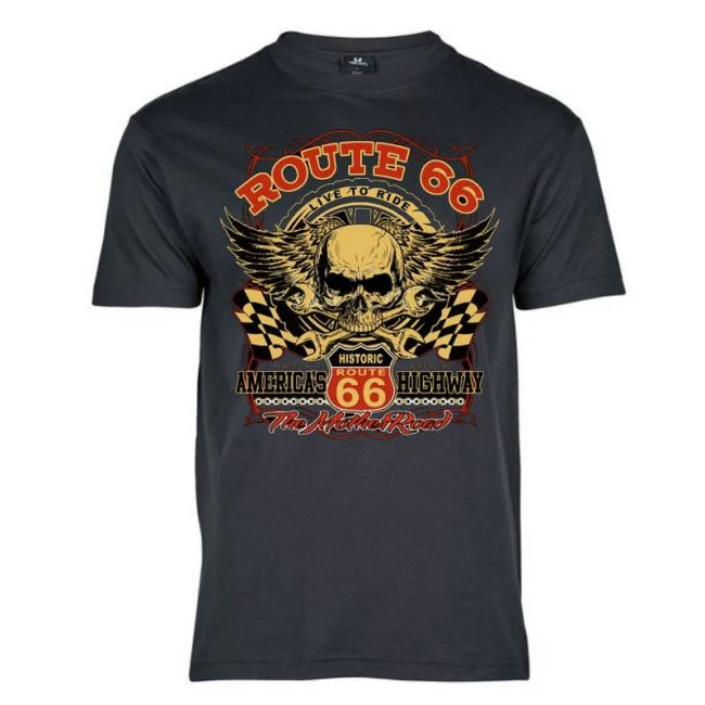 T-PAITA GREY BASIC TEE - RTE 66 SKULL CHECKERED FLAGS (520) - Image 2