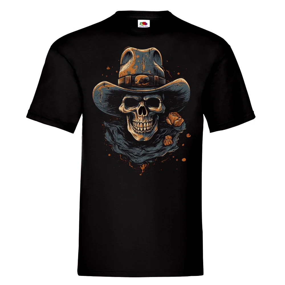 T-PAITA MUSTA - Cowboy hat skull (00 414)