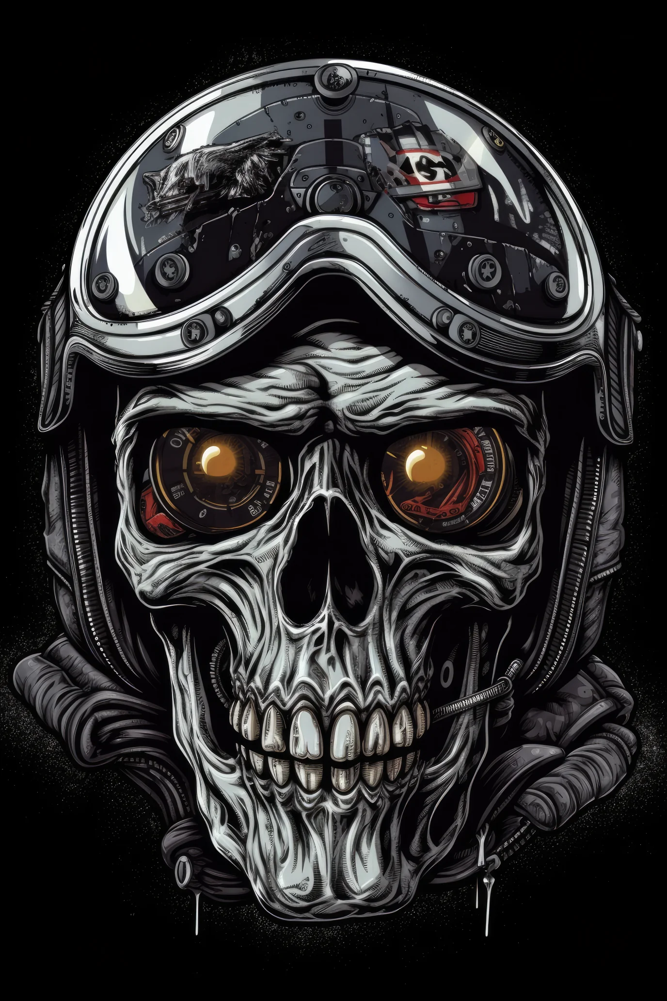 T-PAITA MUSTA - Cartoon Motorcycle helmet skull - Image 2