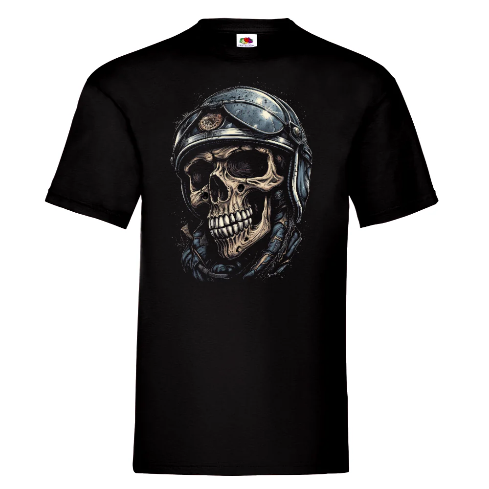T-PAITA MUSTA - Cartoon Motorcycle helmet skull (3085)