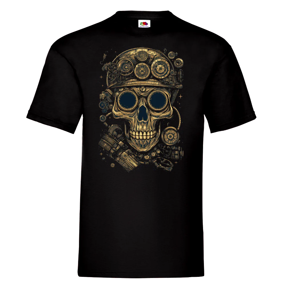 T-PAITA MUSTA - Cartoon Steampunk skull (3061)