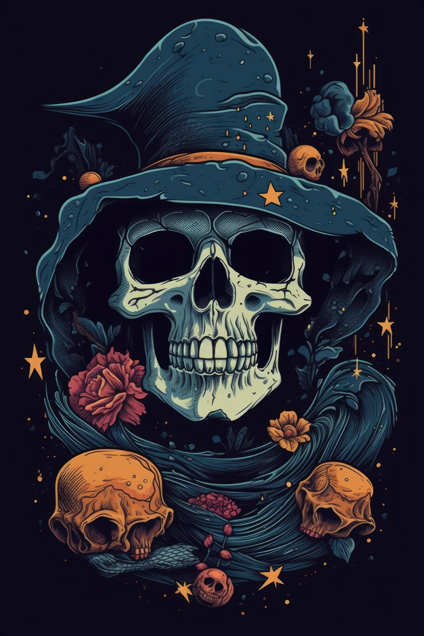 T-PAITA MUSTA - Cartoon Witch skull - Image 2