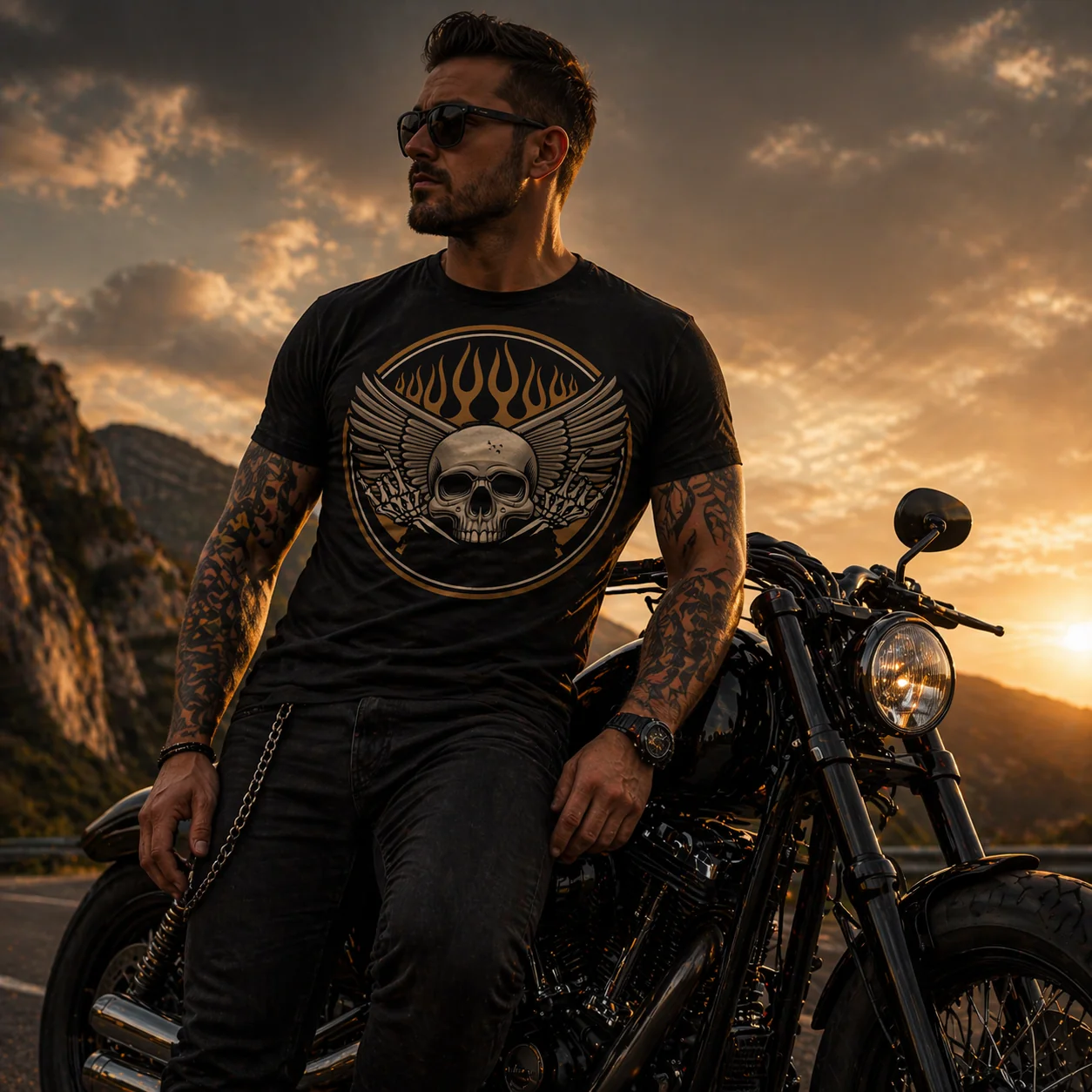 T-PAITA MUSTA - RIDE OR DIE FLAME SKULL (4013)